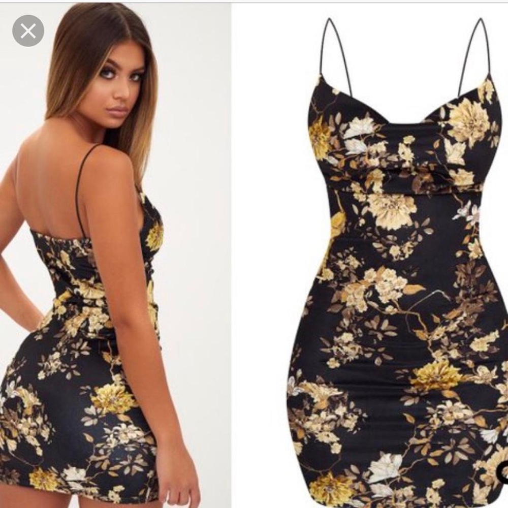 PrettyLitteThing Black Velvet Floral Cowl Neck Bodycon Dress Size 4